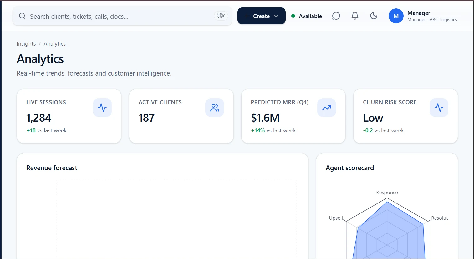 Xelqora One analytics dashboard showing operational trends and forecasting.