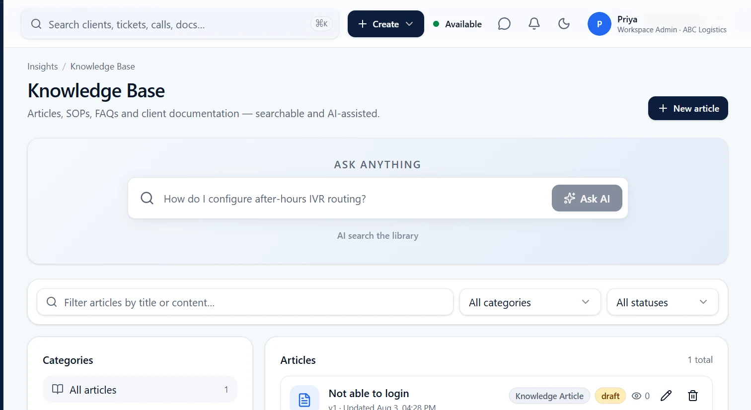 Xelqora One knowledge base showing searchable business documentation and articles.