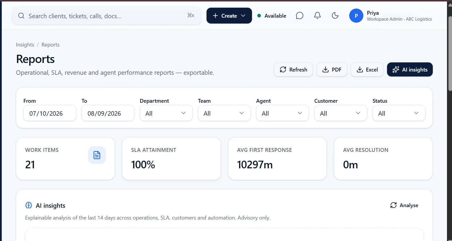Xelqora One reports dashboard showing operational and performance reporting.